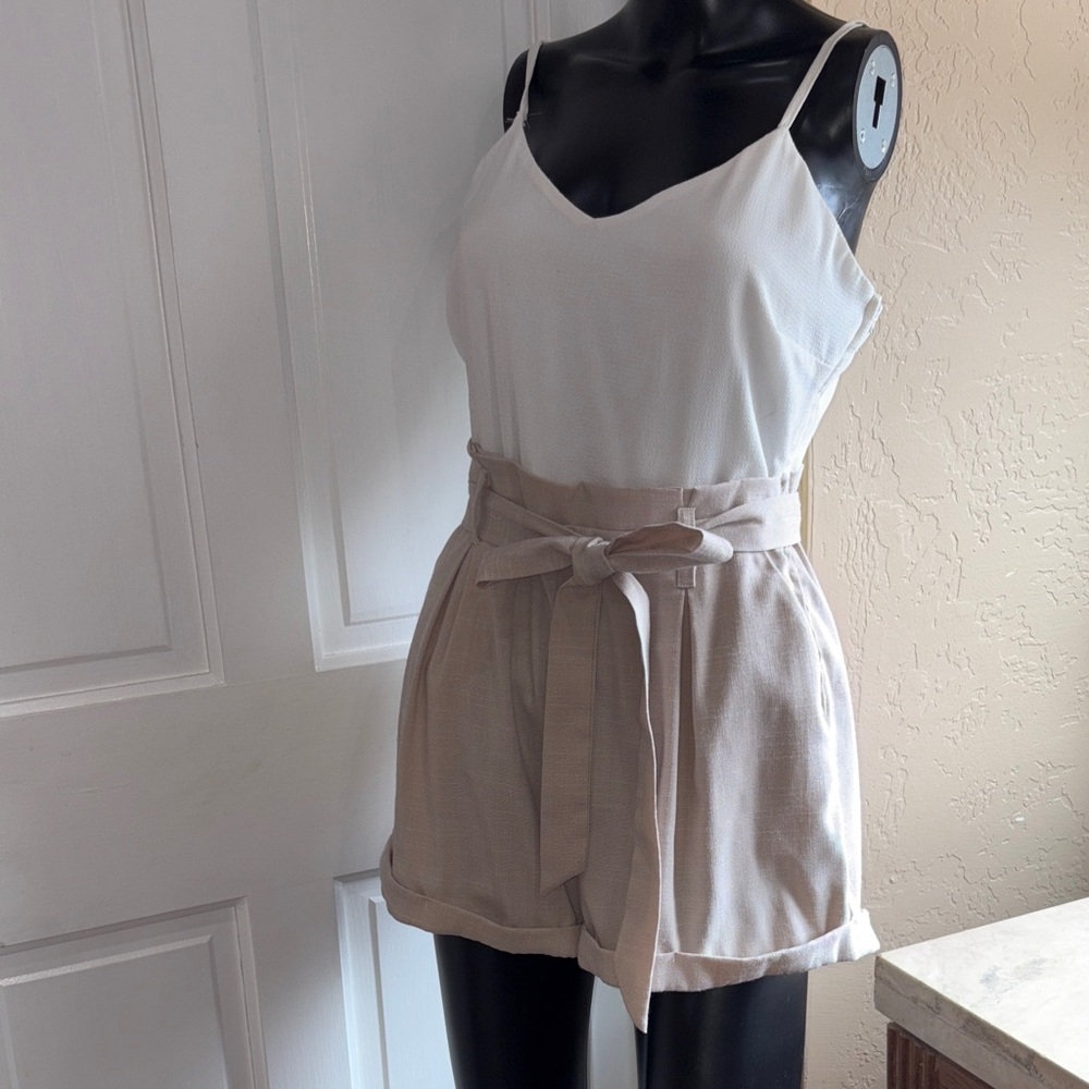 Windsor White and Tan Romper tie waist